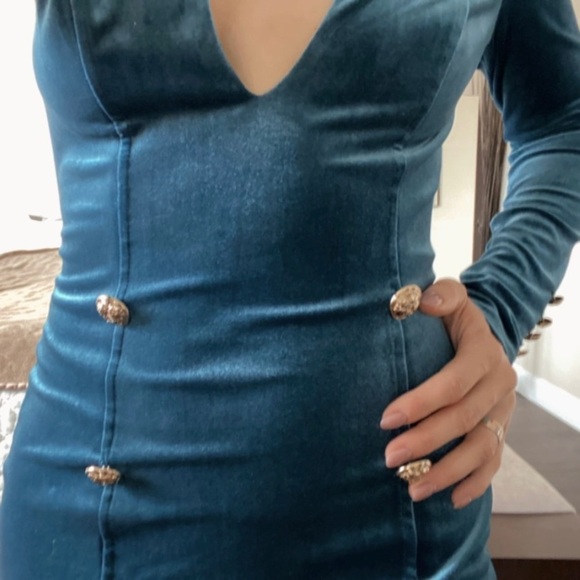Velvet mini sea style dress long sleeve in turquoise colour gold buttons - Picture 6 of 15
